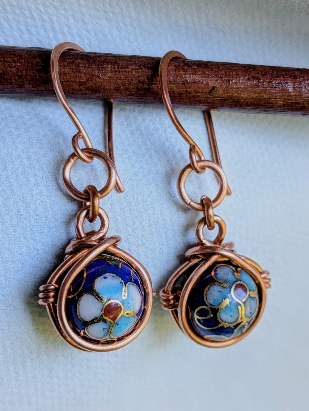 Copper Wrapped Cloisonne Earrings- Colorful Flower Blossom Details - Picture 6 of 12